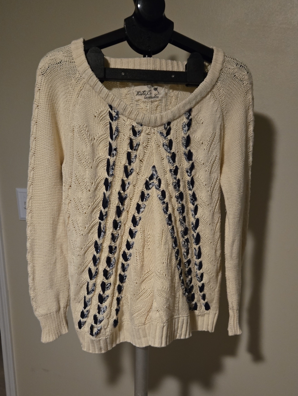 Women’s Anthrologie Cream Scoop-Neck Cable Sweater with Navy Stitch Detail
